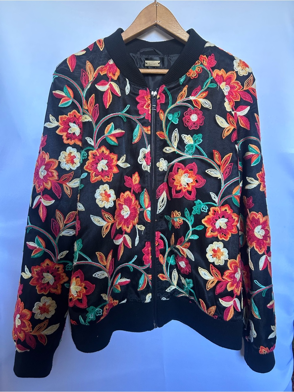 Alexia Admor Black Bomber Jacket with Multicolor Floral Embroidery